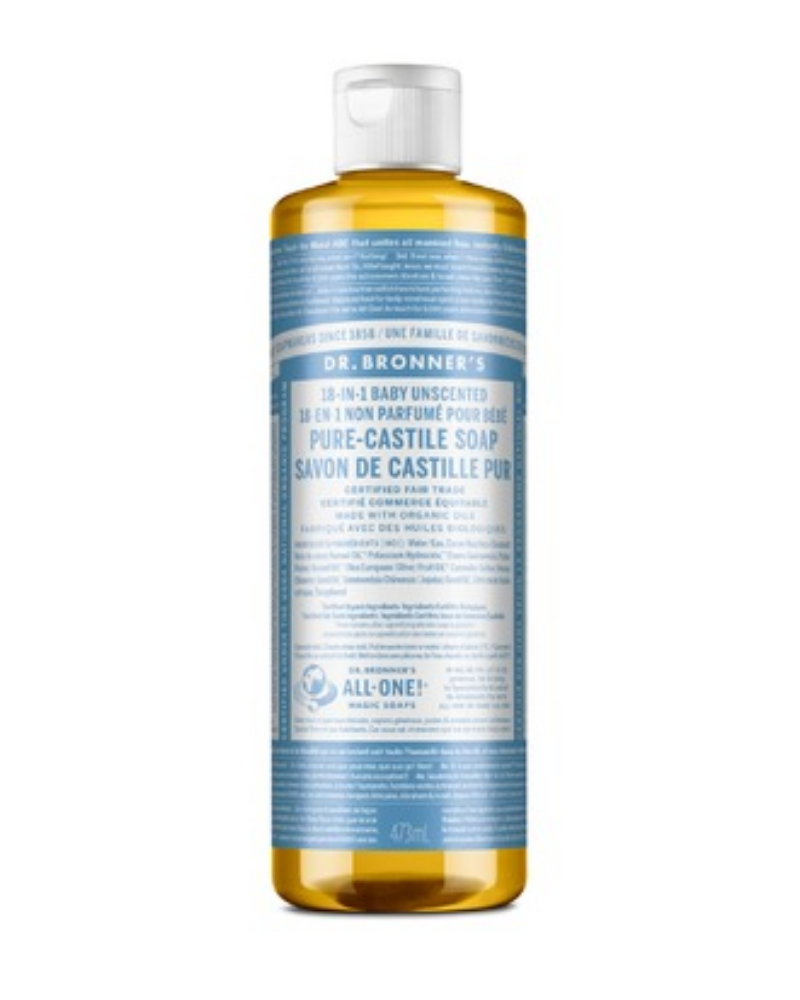 Dr. Bronner's Organic Pure Castile Liquid Soap unscented baby contains no fragrance so is great for people who have allergies or sensitive skin. Of course, it is great for babies as well. All oils and essential oils are certified organic to the National Organic Standards Program. Packaged in 100% post-consumer recycled plastic bottles.