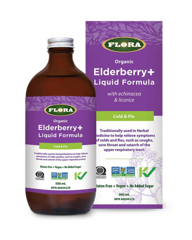 Flora’s Elderberry+ Liquid Formula is a delicious, organic blend of elderberry, echinacea and licorice. It can be taken daily or used to provide relief from cold and flu symptoms. Enjoy the delicious, natural flavour of Elderberry+ Liquid Formula with no added sugar. Just mix with water or your favourite beverage for an immune-boosting punch.