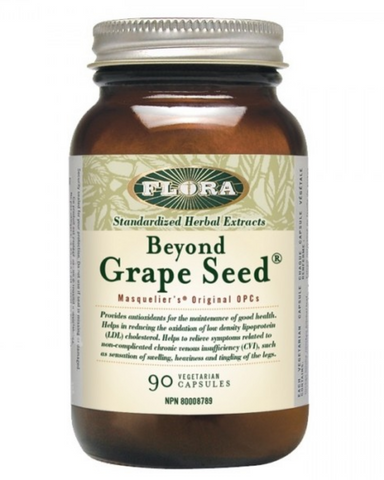 Flora’s Beyond Grape Seed blends powerful antioxidants and cell and tissue protectors (known as Oligomeric Proanthocyanidins or OPCs) derived from Grape Seeds, with a full spectrum of bioflavonoids from bilberries and cranberries. The result? A supplement that can be used to combat free radicals linked to premature aging, LDL cholesterol, circulatory problems, and other health concerns.