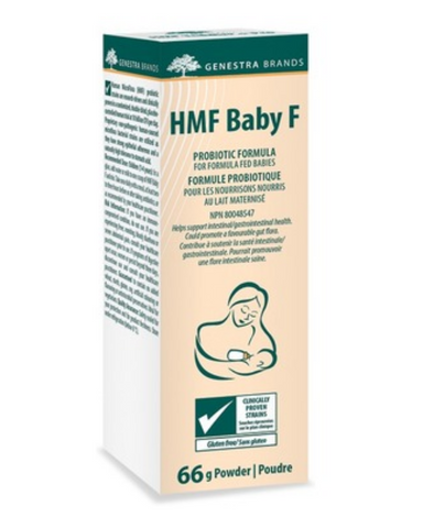 HMF Baby F probiotic supplement for formula fed babies provides Lactobacillus salivarius, Lactobacillus paracasei, Bifidobacterium bifidum and Bifidobacterium animalis subsp. lactis, which help to support gastrointestinal health.