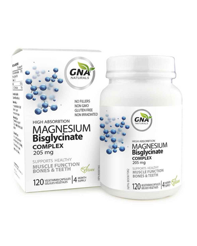 GNA Naturals Magnesium Bisglycinate 205mg is the newest member in our Foundational Line of supplements. Our highly absorbable Magnesium Bisglycinate is a blend of Magnesium Bisglycinate, Magnesium Citrate and Magnesium Oxide in a 205mg capsule.