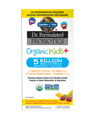 Dr. Formulated Probiotics Organic Kids + is a Certified USDA Organic, Non-GMO Project Verified delicious chewable probiotic, designed to build a healthy microbiome and support children’s gut and immune health. 