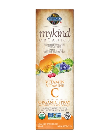 mykind Organics Certified Organic Whole Food Vitamin C Spray is designed to deliver Certified USDA Organic, Non-GMO Project Verified Vitamin C from real food in an easy-to-use liquid form. A daily dose of five sprays provides 60 mg of vitamin C without any artificial ingredients or chemical preservatives and no added sugars —just wholesome organic food with a delicious Cherry-Tangerine or Orange-Tangerine taste.