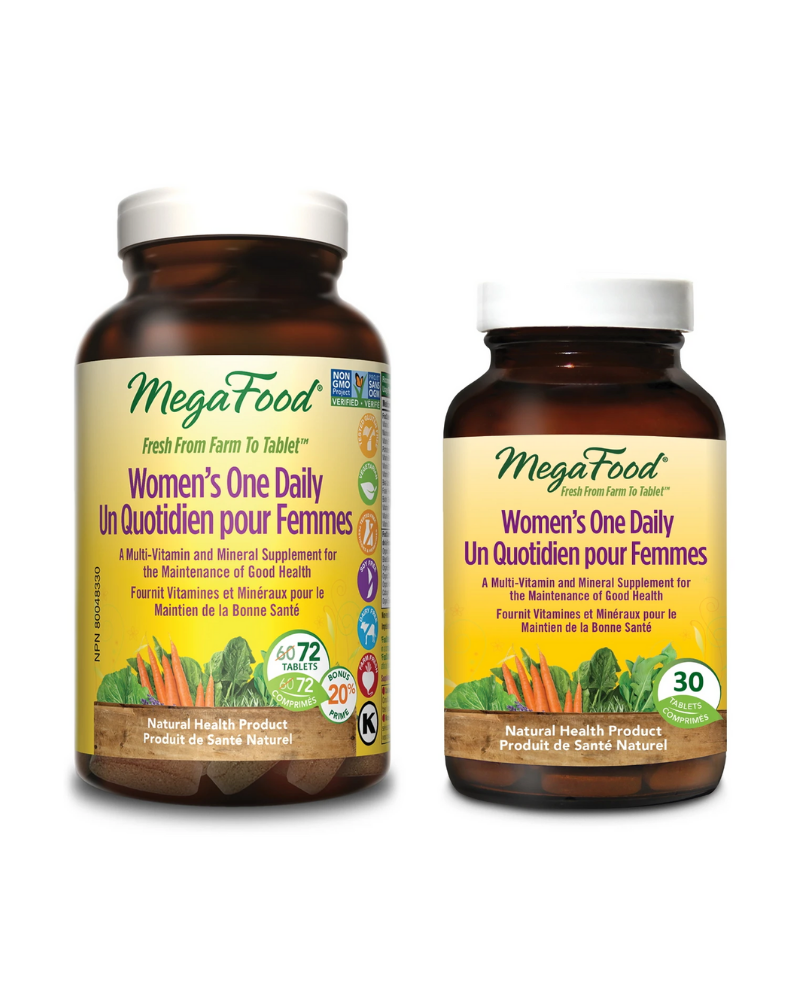 MegaFood® Women’s One Daily delivers FoodState® Vitamins C, D and folic acid that your body needs, plus 9 mg of FoodState® Iron to replenish levels lost during menstruation, trace minerals, and a Nourishing Food and Herb Blend for energy and nervous system health. 
