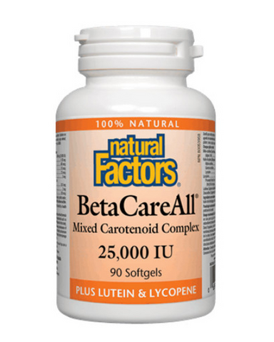 Natural Factors BetaCareAll is a unique mixed carotenoid formula containing natural beta-carotene and beneficial carotenoids such as lycopene and lutein. Converted into vitamin A in the body, beta-carotene is essential to many processes, including maintenance of healthy skin, vision, mucous membranes, bones and teeth, and immune function.