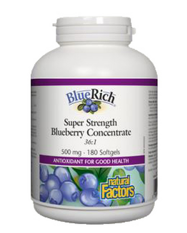 Blueberries support vision, slow premature aging, combat cognitive decline, and help prevent urinary tract infections, thanks to anthocyanins, the high ORAC (oxygen radical absorbance capacity) antioxidants in blueberries. Natural Factors BlueRich is a super strength 36:1 concentrate made from whole Canadian-grown blueberries, and provides the entire spectrum of blueberry nutrients.