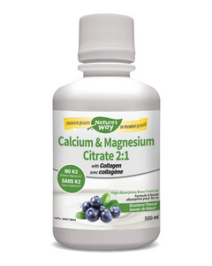 Nature's Way Calcium & Magnesium is formulated in a 2:1 Calcium to Magnesium ratio in a great tasting blueberry formula. It also contains bone-friendly ingredients Collagen, Manganese, Boron and Vitamin D3. This formula contains no Vitamin K2 and won't interact with blood thinning medications. The liquid form is a convenient alternative to tablets or capsules to help support the maintenance of bones and teeth.