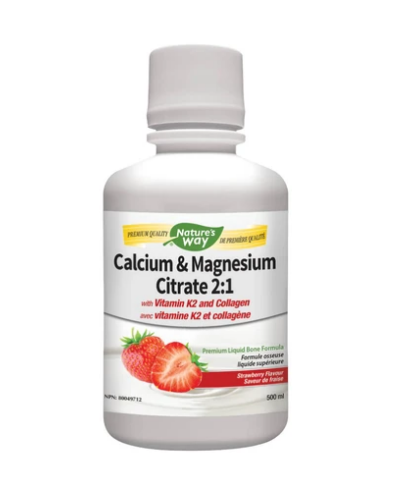 Nature's Way Calcium & Magnesium is formulated in a 2:1 Calcium to Magnesium ratio in a great tasting blueberry formula. It also contains bone-friendly ingredients Collagen, Manganese, Boron, Vitamin K2 and Vitamin D3. This liquid form is a convenient alternative to tablets or capsules to help support the maintenance of bones and teeth.