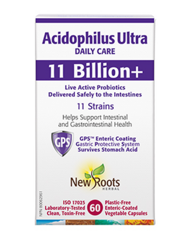 Acidophilus Ultra is a synergistic blend of 11 probiotics and 11 billion live active cells. With GPS™ enteric coating.  Acidophilus Ultra is formulated with 11 scientifically researched probiotic strains, with a potency of 11 billion live, active cells. Our plant-based capsule is then protected from stomach acids with a natural, water-based GPS™ enteric coating.