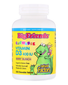 Big Friends children’s vitamins are back in a big way, and now better than ever. Big Friends Chewable Vitamin D3 400 IU from Natural Factors is a great-tasting, natural source of the “sunshine vitamin”, essential for building strong, healthy bones and teeth. Ideal for all children, these small, chewable tablets support calcium and phosphorus absorption, and make it fun and easy to support growing children.