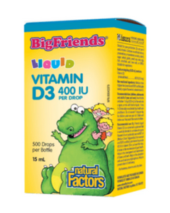 Big Friends® children’s vitamins are back in a big way, and now better than ever. Vitamin D3 is the most bioavailable form of this essential nutrient needed for kids to build healthy bones and teeth. Big Friends Liquid Vitamin D3 400 IU from Natural Factors comes in a baby-safe, measured dropper for accurate dosing and is a, natural oil-based formula ideal for all kids, even infants.