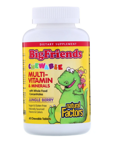 Big Friends children’s vitamins are back in a big way, and now better than ever. Big Friends Chewable Multivitamin & Minerals provides children three years and older with optimal amounts of the vitamins and minerals their bodies need for good health. Whole food concentrates from Factors Farms supply phytonutrients, while delicious fruit flavours and friendly dinosaur shapes keep little ones smiling.
