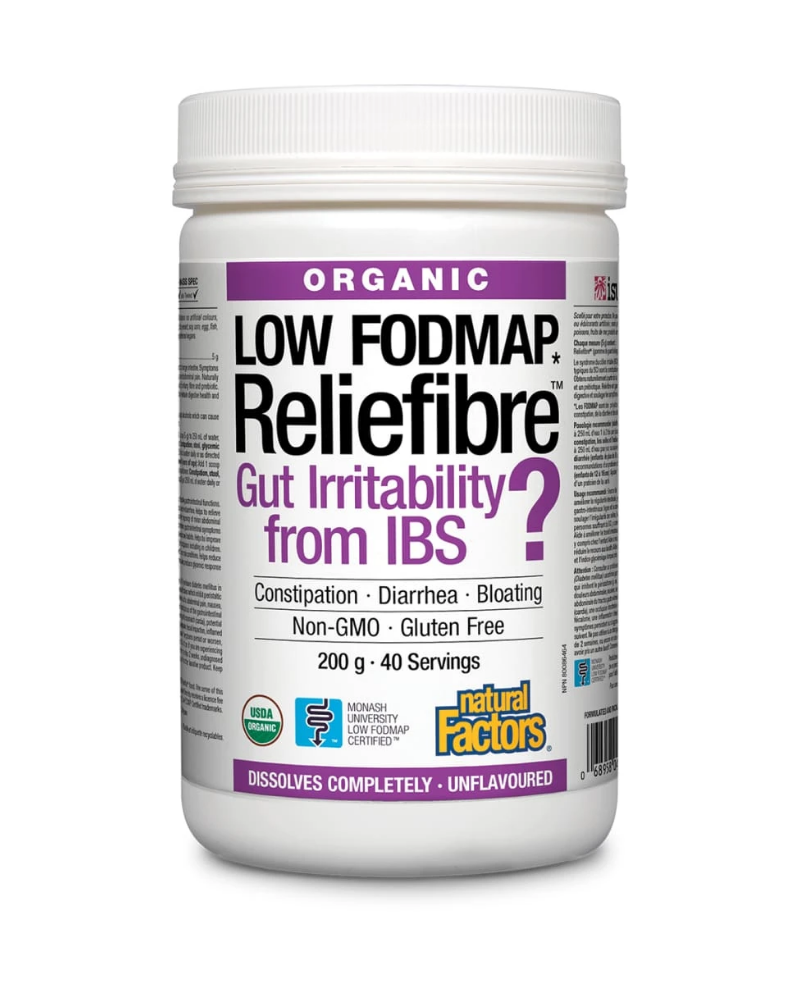 Reliefibre from Natural Factors provides a non-GMO, soluble dietary fibre to help improve bowel regularity and relieve minor symptoms associated with irritable bowel syndrome (IBS). 
