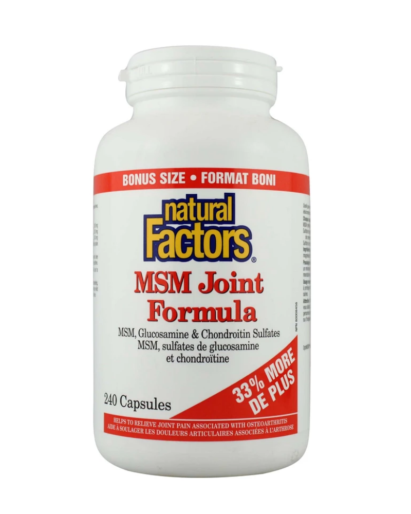 Natural Factors MSM Joint Formula contains MSM, glucosamine, and chondroitin sulphate for triple action joint health support. Combining these top three joint support nutrients in one formula improves joint lubrication, fights inflammation, and helps repair cartilage. It works to relieve joint pain associated with osteoarthritis and protects against cartilage deterioration.