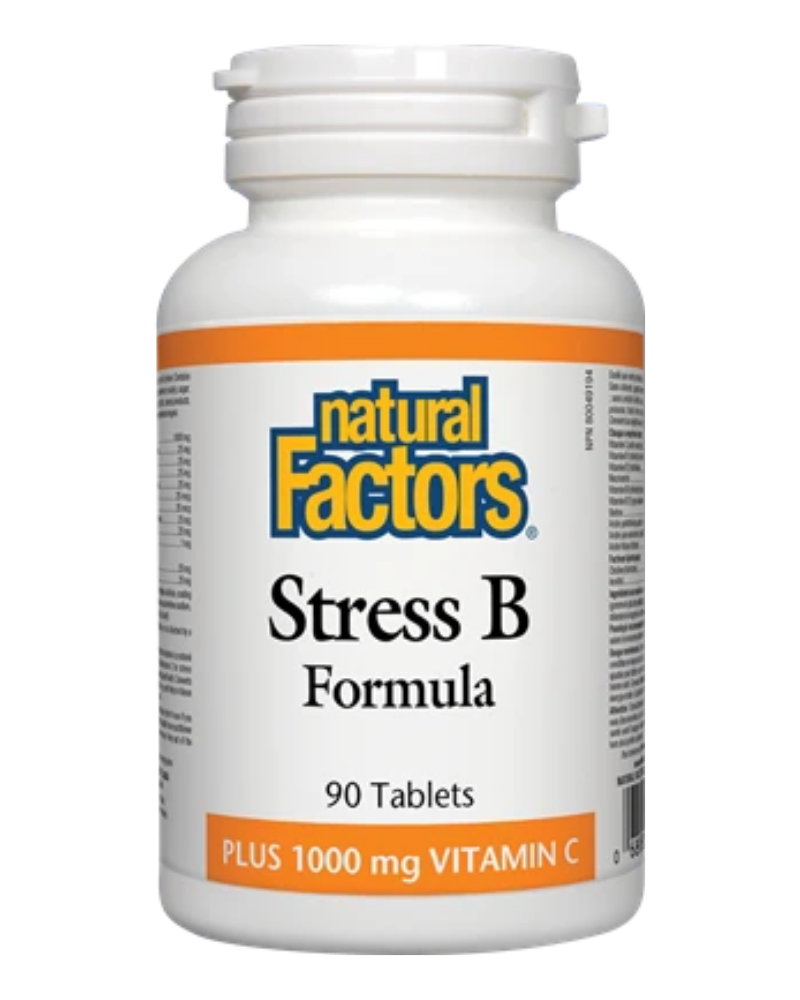 Natural Factors Stress B Formula contains a unique blend of B vitamins plus 1000 mg of vitamin C to help combat the negative effects of stress and for the maintenance of good health. B vitamins help enzymes in the body and are involved in energy production and red blood cell formation.