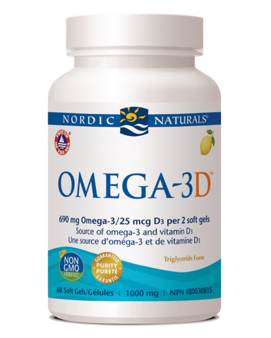 The same, tasty natural-ratio omega formula as our Omega-3, but with added natural vitamin D. Nordic Naturals Omega-3D helps support cardiovascular health, cognitive health, and brain function, helps with the development and maintenance of healthy bones and teeth, and with the absorption of calcium and phosphorus.