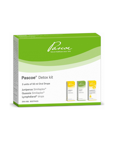 Pascoe Detox Kit includes Lymphdiaral, Quassia Similiaplex, Junipurius Similiaplex all in 50mL drops. The Kit is a homeopathic kit for the relief of sinus congestion, indigestion, hives, bloating, irritability, fatigue, headaches, and constipation. The products are made from plant-based naturally sourced medicinal ingredients that aid in the detoxification process. 