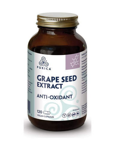 PURICA Grape Seed Extract provides a concentrated blend of standardized proanthocyanidins found in grape seed and skins. The proanthocyanidins and flavonoids in this formula are rapidly absorbed and distributed throughout the body, helping to eliminate free radicals while supporting healthy collagen. This is of particular importance in protecting the underlying supporting structure of the skin.