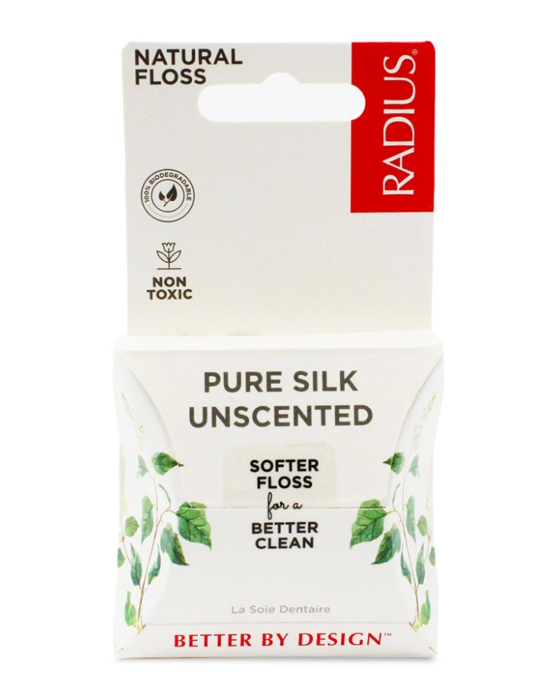 RADIUS Silk Floss is made from all natural, pure silk coated in candelilla wax. This is NOT a vegan product. It contains no glutens, preservatives, GMO’s, artificial sweeteners or color, or fluoride. RADIUS Silk Floss is completely compostable.