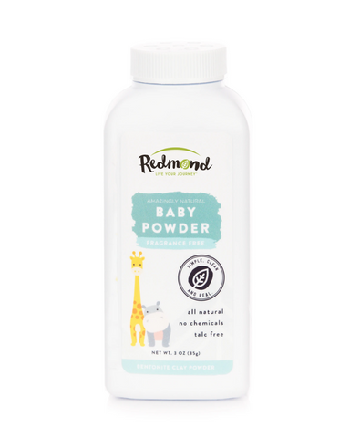 Redmond Clay Baby Powder is talc free and unrefined, perfect for your baby's sensitive skin. This rare, high-desert clay has no chemicals or fragrances, so you don't have to worry about allergies or skin irritation.