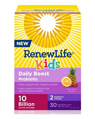 Renew Life® Kids Daily Boost Probiotic is formulated with 10 billion active cultures and 2 clinically-studied probiotic strainsto support kids’ digestive and respiratory systems. Taken daily, this innovative probiotic supplement helps support respiratory-tract and intestinal and gastrointestinal health. Offered in a convenient, fast-melting fruit punch flavour powder that’s fun for kids to take. 