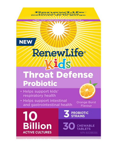 Renew Life® Kids Throat Defense Probiotic is specially formulated for kids. This chewable probiotic is packed with 10 billion live cultures, featuring 3 clinically studied strains to support children’s throat health and help strengthen little digestive systems.
