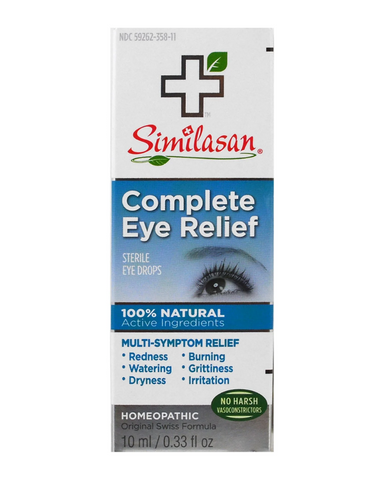 Similasan Complete Eye Relief is a natural eye drop designed for multi-symptom relief and extended use.