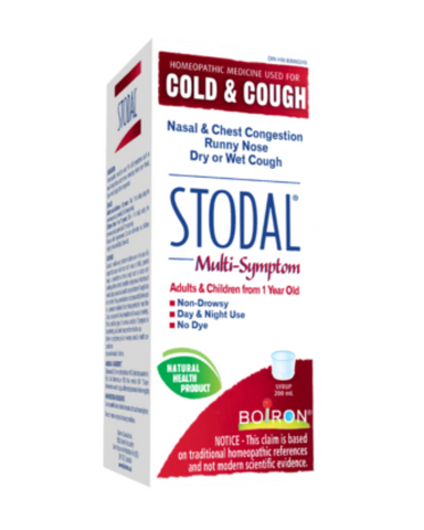 Boiron Stodal is a homeopathic cold & cough syrup with a multi-symptom formula to relieve nasal & chest congestion, runny nose, dry or productive cough.