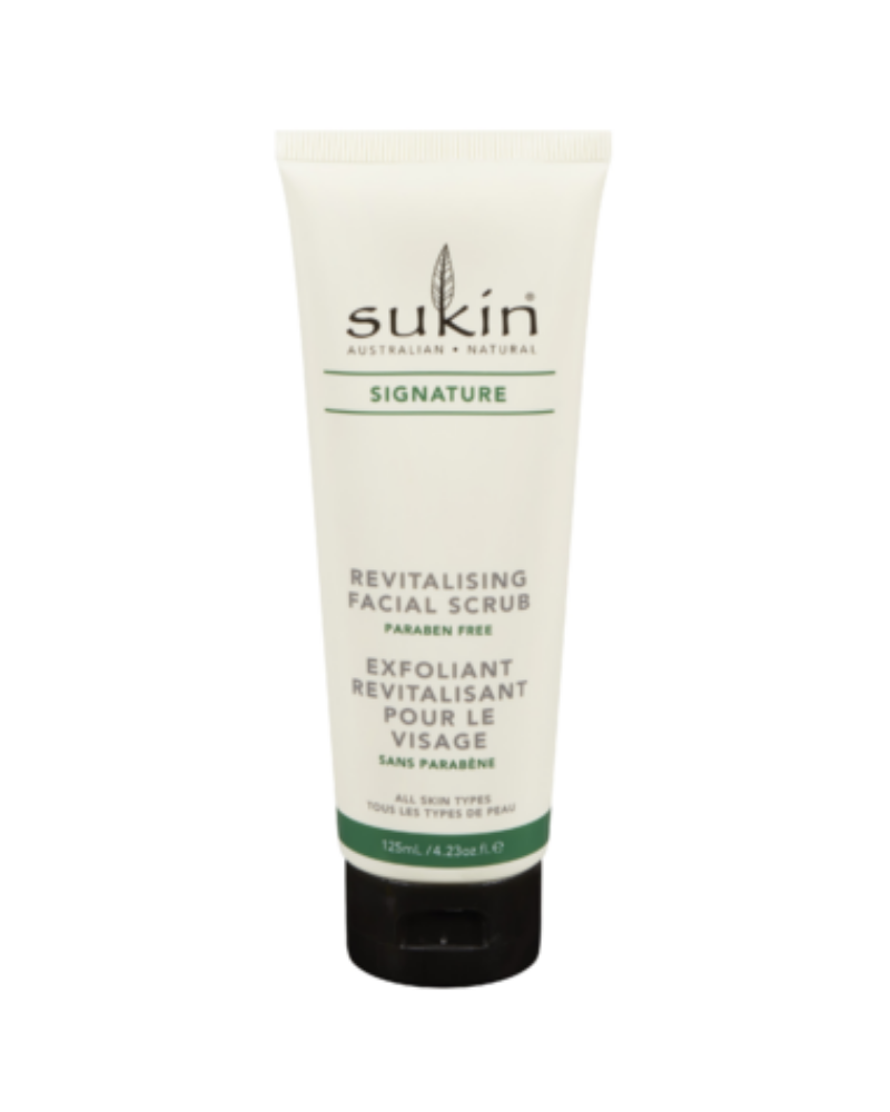 Sukin Revitalizing Facial Scrub is a gentle creamy treatment that promotes healthy skin circulation, refining texture and smoothness, leaving clean radiant skin.  This gentle cleanser uses non-abrasive, micro particles of bamboo extract and ground walnut shells to remove dirt and impurities leaving clean, radiant skin. Aloe vera and chamomile work to soothe skin and rose hip, jojoba and sesame replenish and protect the skin’s moisture barrier.
