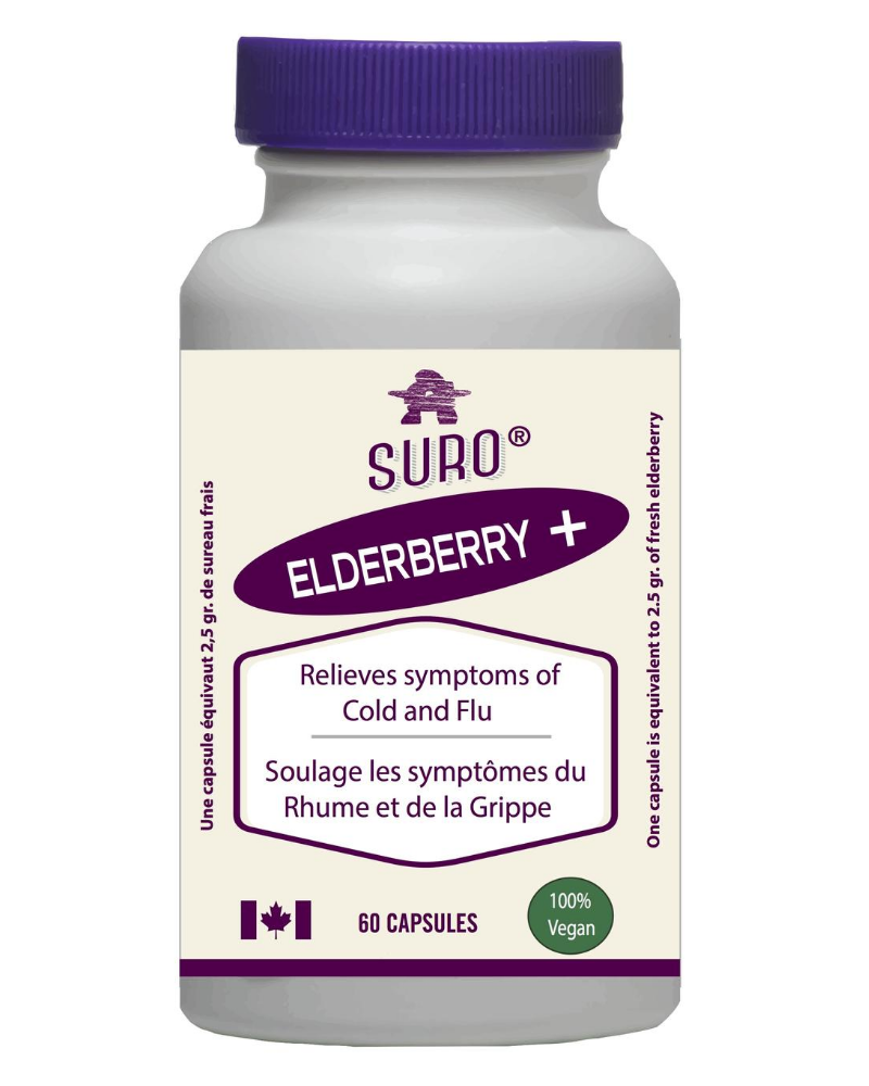 Suro Organic Elderberry Capsules are made with Canadian grown elderberries.  These capsules are vegan, kosher and organic certified.  Elderberries have natural antiviral properties and have been used for centuries against cold and flu.