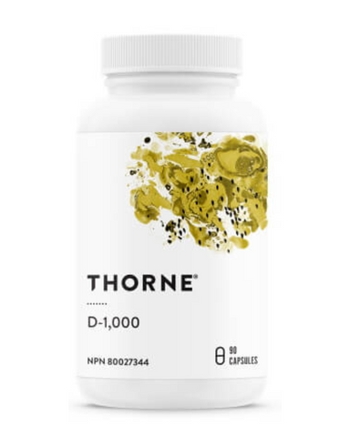 Thorne Research's D-1,000 supplies 1,000 IU of vitamin D3 in each vegetarian capsule. This potency is ideal for maintaining optimum vitamin D levels in healthy individuals.